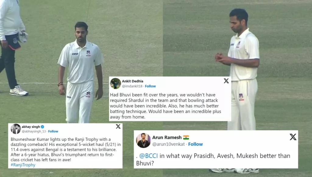 "In what way are Prasidh, Avesh, Mukesh better than Bhuvi?"- Fans react after Bhuvneshwar Kumar's 5/25 spell on Ranji Trophy comeback 